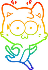 rainbow gradient line drawing of a cartoon surprised cat running