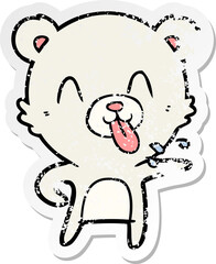 distressed sticker of a rude cartoon polar bear sticking out tongue