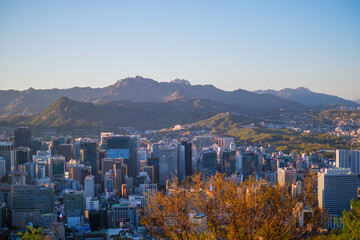 Cityscape Seoul . Aerial view of Nansan Seoul Tower and lotte tower. Viewpoint from Inwangsan mountain best landmark of Seoul , South Korea