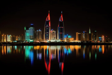 Obraz premium Skyline of Manama dominated by the World trade Center building during night. Generative Ai