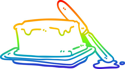 rainbow gradient line drawing of a cartoon butter and knife