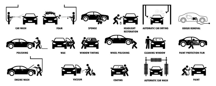 Auto wash. Car wash, simple symbols collection. Automatic carwash, vector illustrations