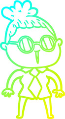 cold gradient line drawing of a cartoon woman wearing spectacles