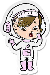 distressed sticker of a cartoon astronaut woman
