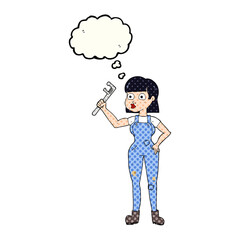 freehand drawn thought bubble cartoon female plumber