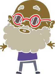 flat color style cartoon curious man with beard and sunglasses