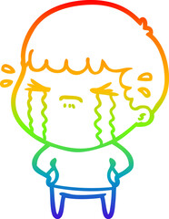 rainbow gradient line drawing of a cartoon man crying