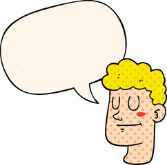 cartoon male face with speech bubble in comic book style