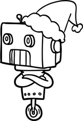 hand drawn line drawing of a robot wearing santa hat