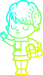 cold gradient line drawing of a cartoon woman