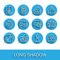 Set line Wrench spanner, Ground, Oil drop document, Tacheometer, theodolite, Oilfield, Soil analysis, Topographic map and icon. Vector