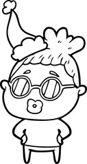 hand drawn line drawing of a librarian woman wearing spectacles wearing santa hat