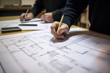 Close up shot of hands of architects working on a blueprint drawings. Generative AI