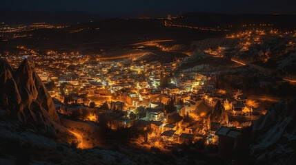 Goreme City at twilight, Famous tourist center of balloon fligths in Cappadocia. Generative Ai