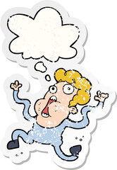 cartoon terrified man with thought bubble as a distressed worn sticker