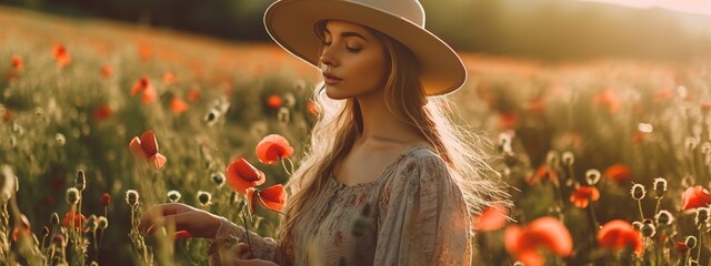 Stylish woman with dress and hat in country side with flowers under golden sunlight. Generative AI