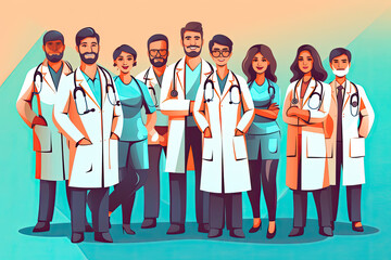 Medical staff people group. Team of doctor and nurse in hospital. Healthcare and medicine concept.Cartoon vector. Ai generative