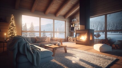 Cozy living room in an Alpine chalet. Rustic wooden furniture, a burning fireplace, a soft fluffy carpet, a Christmas tree, large panoramic windows with stunning winter mountain view. Generative AI