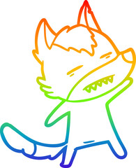 rainbow gradient line drawing of a cartoon wolf showing teeth