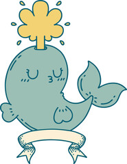 scroll banner with tattoo style happy squirting whale character