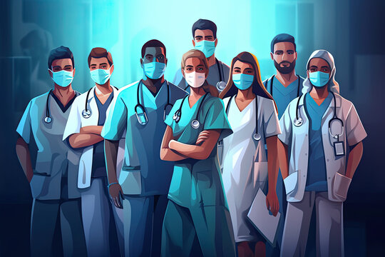 Medical staff people group. Team of doctor and nurse in hospital. Healthcare and medicine concept.Cartoon vector. Ai generative