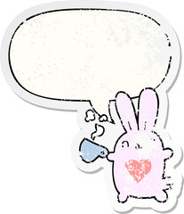 cute cartoon rabbit with love heart and coffee cup with speech bubble distressed distressed old sticker