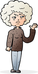 cartoon annoyed old woman waving