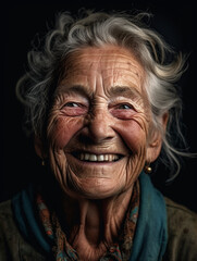 Gesicht einer lachenden alten Frau mit vielen Falten Nahaufnahme , ai generativ