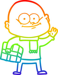 rainbow gradient line drawing of a cartoon bald man staring