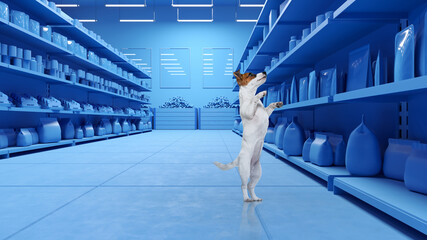 Portrait of a cute dog with white fur standing alone surrounded canine food over 3D model of supermarket background. Pets shopping - obrazy, fototapety, plakaty