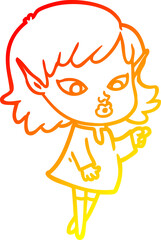 warm gradient line drawing of a pointing cartoon elf girl