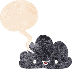 cartoon tiny happy cloud with speech bubble in grunge distressed retro textured style