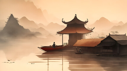 Japoński malunek na kartce jeziora z budynkiem. Generative AI - obrazy, fototapety, plakaty