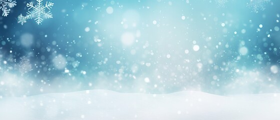 Fototapeta premium Beautiful background image of small snowdrifts, falling snow and snowflakes in white and blue tones