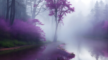 Majestatyczny fioletowy las z rzeką. - obrazy, fototapety, plakaty