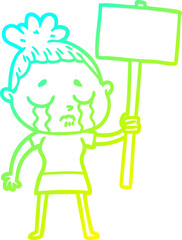 cold gradient line drawing of a cartoon crying woman with protest sign