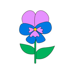 Cute groovy pansies violet flower in hippie style. Vector flat illustration on isolated background