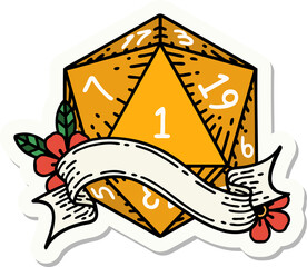 sticker of a natural one d20 dice roll