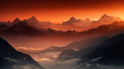 Naklejka na ściany i meble View of the Himalayas during a foggy sunset night, Mt Everest visible. Generative Ai