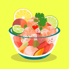 Fototapeta premium Ceviche of shrimp with vegetables, spices and lime vector illustration