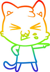 rainbow gradient line drawing of a cartoon cat hissing