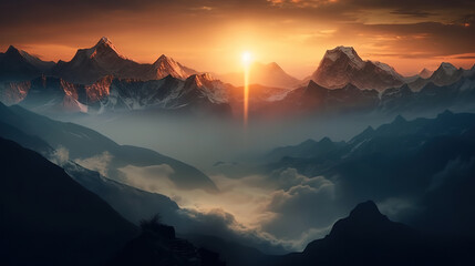 Abstract gray landscape with misty fog till horizon over mountain. Generative Ai