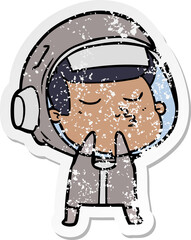 distressed sticker of a cartoon confident astronaut