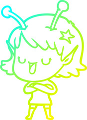 cold gradient line drawing of a happy alien girl cartoon