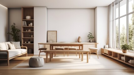 Fototapeta premium Spacious modern Scandinavian living room with dining area. Wooden furniture and flooring, light textiles, beige carpet, large panoramic windows. Light natural colors. Generative AI