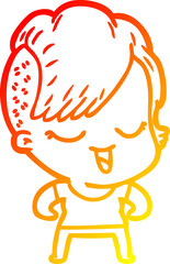 warm gradient line drawing of a happy cartoon girl