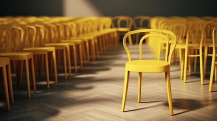 horizontal view of Yellow chair standing out from the crowd. Business concept. Generative AI