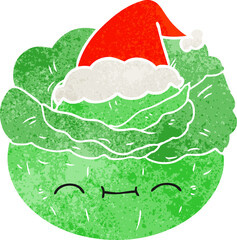 hand drawn retro cartoon of a cabbage wearing santa hat