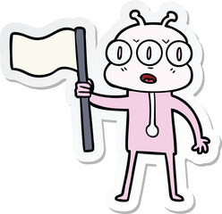 sticker of a cartoon three eyed alien waving flag