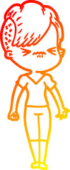 warm gradient line drawing of a cartoon annoyed hipster girl